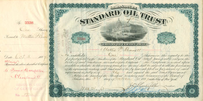 Standard Oil Trust signed by J.D. Rockefeller and H.M. Flagler - Stock Certificate